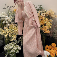 Ingvn - Pink Plaid Tweed Jacket + Strapped Dress Women Vintage Winter Elegant Party Woolen 2 Piece Sets Ladies Autumn Dress Sets
