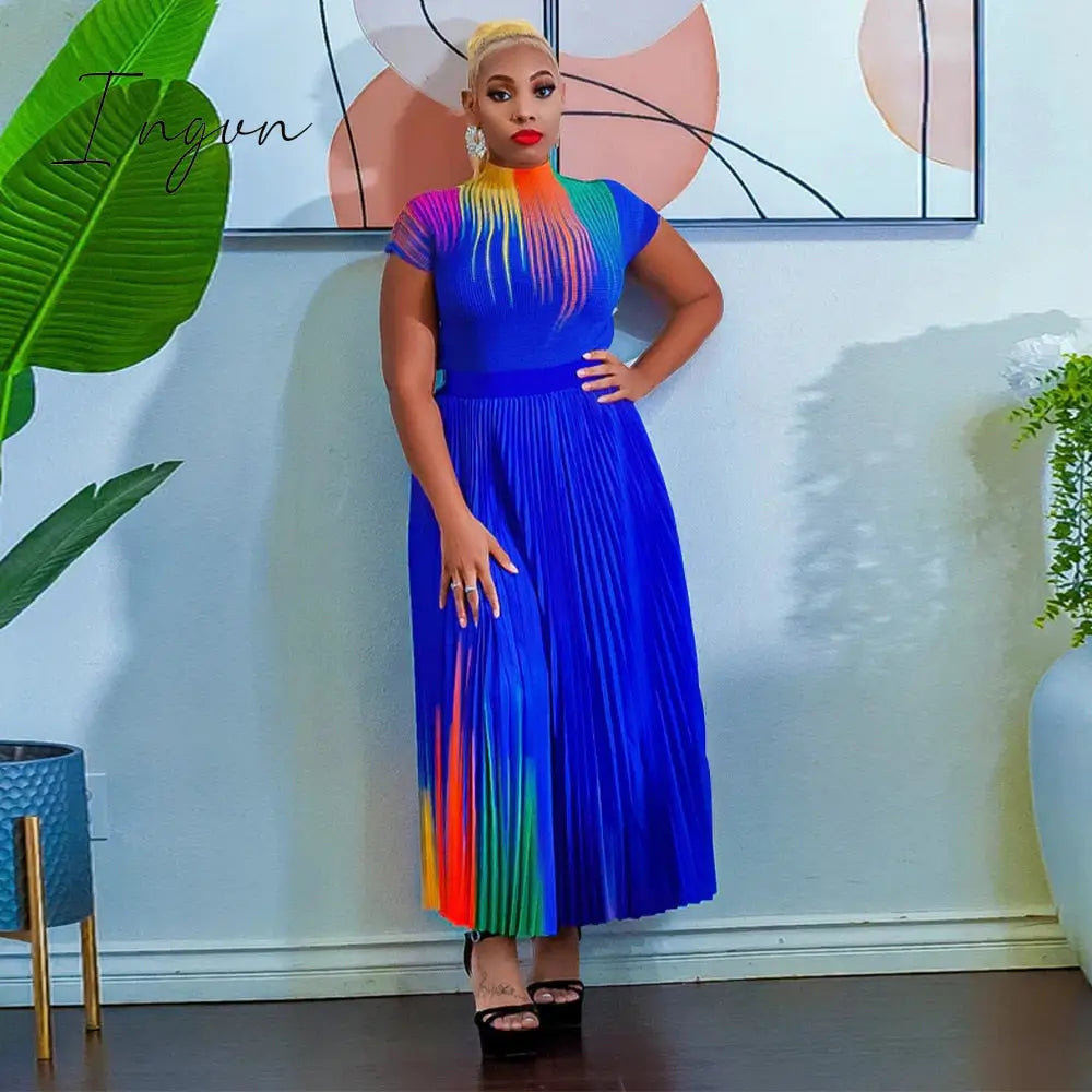 Ingvn - Long Pleated Dress Sets Women 2 Piece Outfits Summer Short Sleeve Gardient Print Swing Skirt Set Elegant Casual 2023 New In