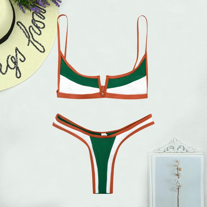 Vintage Retro Bikini Patchwork Swimsuit Thong Brazilian Sexy Swimwear Female  New Summer Micro V-bar Green Bathing Suits