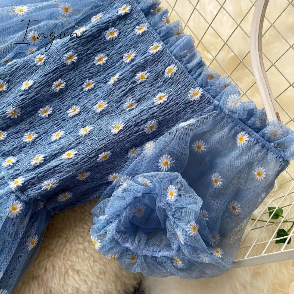 Ingvn - Embroidered Off-Shoulder Dresses Fairy Chic Gentle Dress Female New Style Sweet Daisy Printed Mesh Long Floral Dress Female