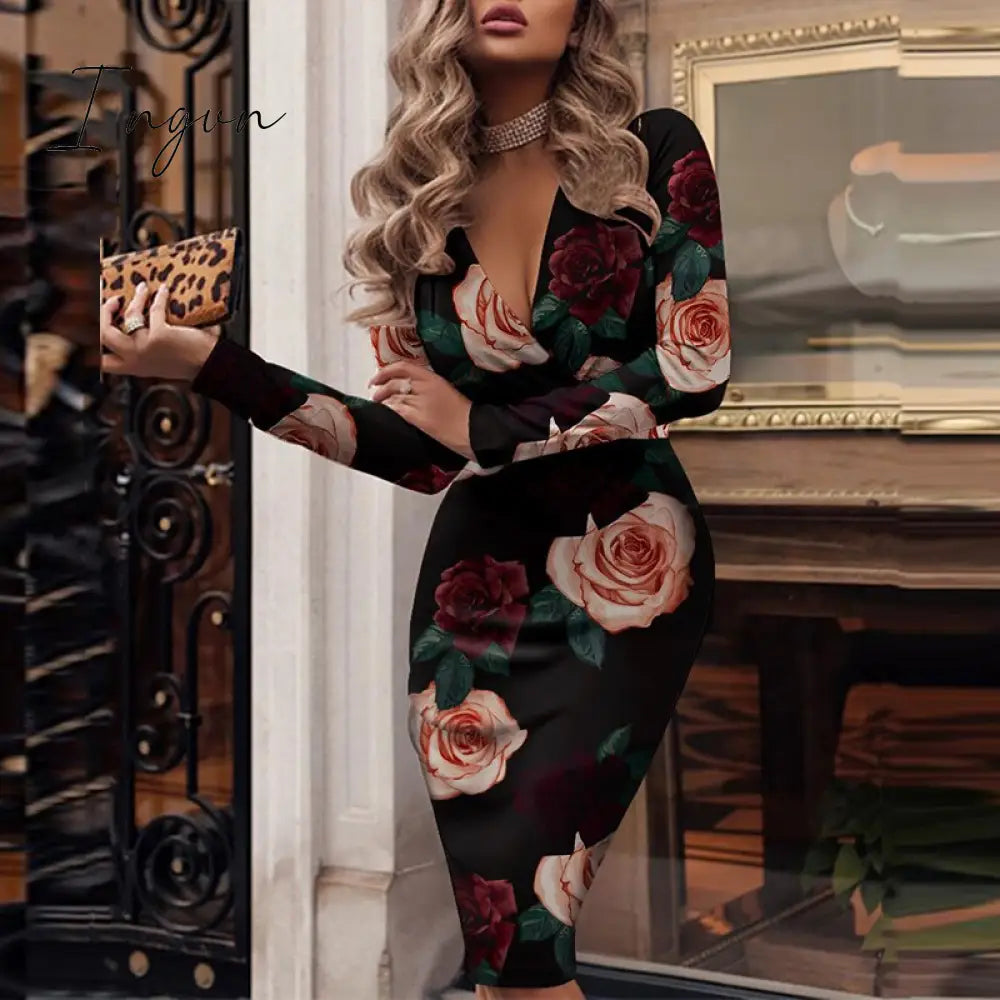 Ingvn - Women Sexy Deep V Neck Slim Club Party Dress Spring Fall Elegant Long Sleeve Midi Dresses Fashion Sequin Patchwork Bodycon Dress
