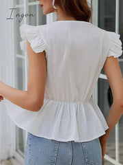 Ingvn - Notched Neck Flutter Sleeve Eyelet Blouse