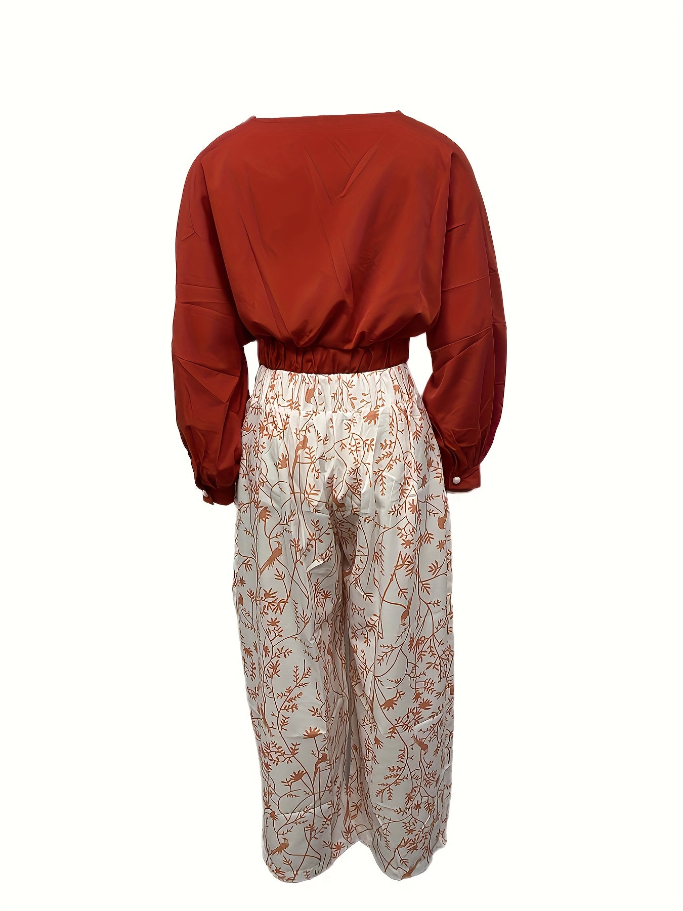 Two-Piece Casual Outfit Set - Surplice Neck Solid Color Top with Adjustable Straps & Wide Leg Floral Print Pants - Comfortable Womens Clothing for Daily Wear