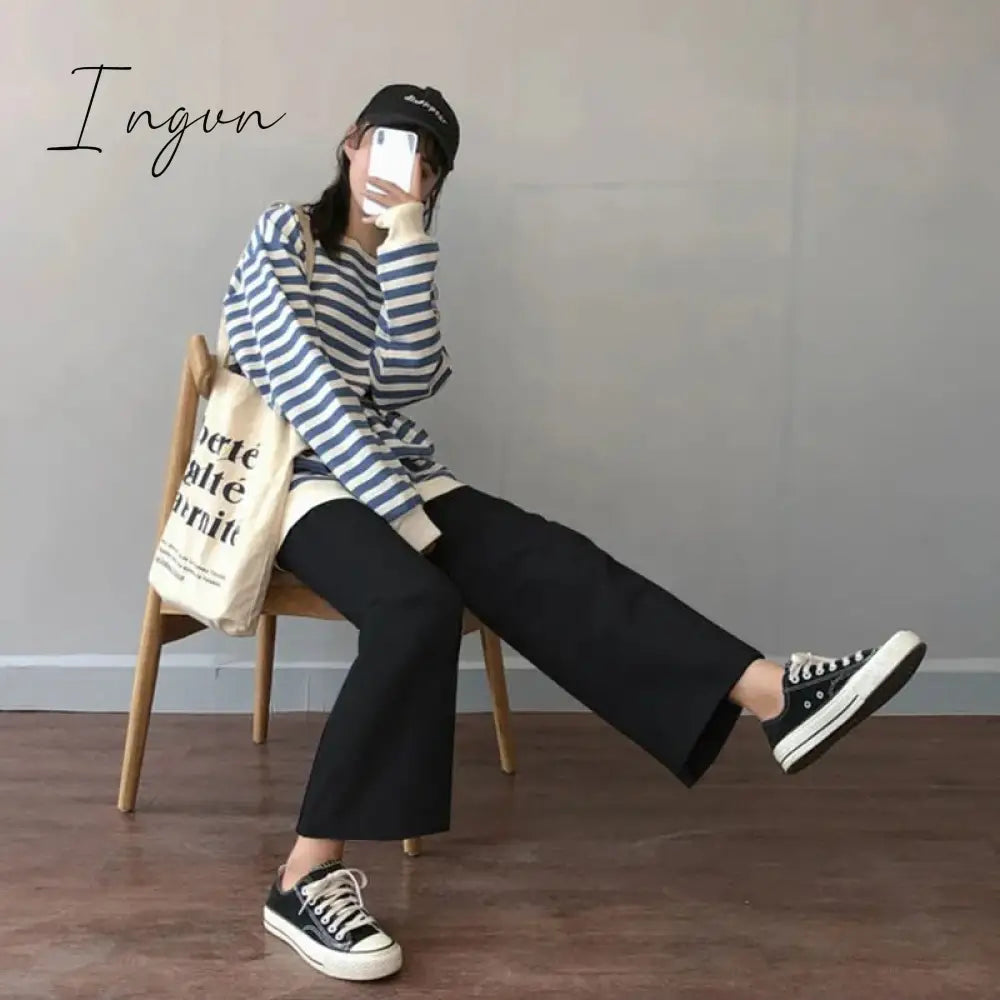 Ingvn - Cusual Pants Women Spring Summer Ankle-length Loose Wide Leg Elastic High Waist Oversize Black Simple Comfortable Elegant Ladies