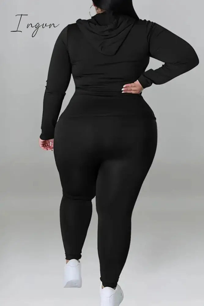 Ingvn - Black Casual Solid Patchwork Draw String Pocket Zipper Hooded Collar Plus Size Two Pieces