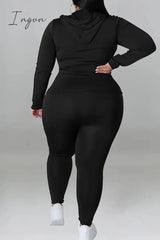 Ingvn - Black Casual Solid Patchwork Draw String Pocket Zipper Hooded Collar Plus Size Two Pieces