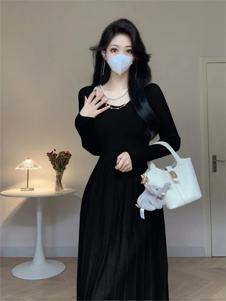 Elegant Casual Pleated Knitted Dress for Women Korean Autumn Slim A Line Sweater Dresses Long Sleeve One Piece Female Clothes