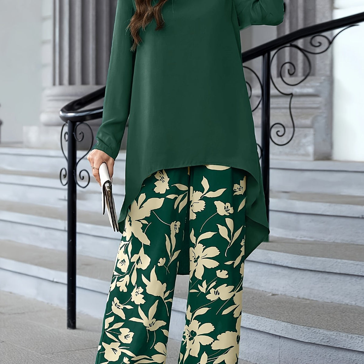 Two Piece Set: Solid Long Sleeve Crew Neck Top & Floral Print Wide Leg Pants for Spring & Fall, Women's Elegant Outfits