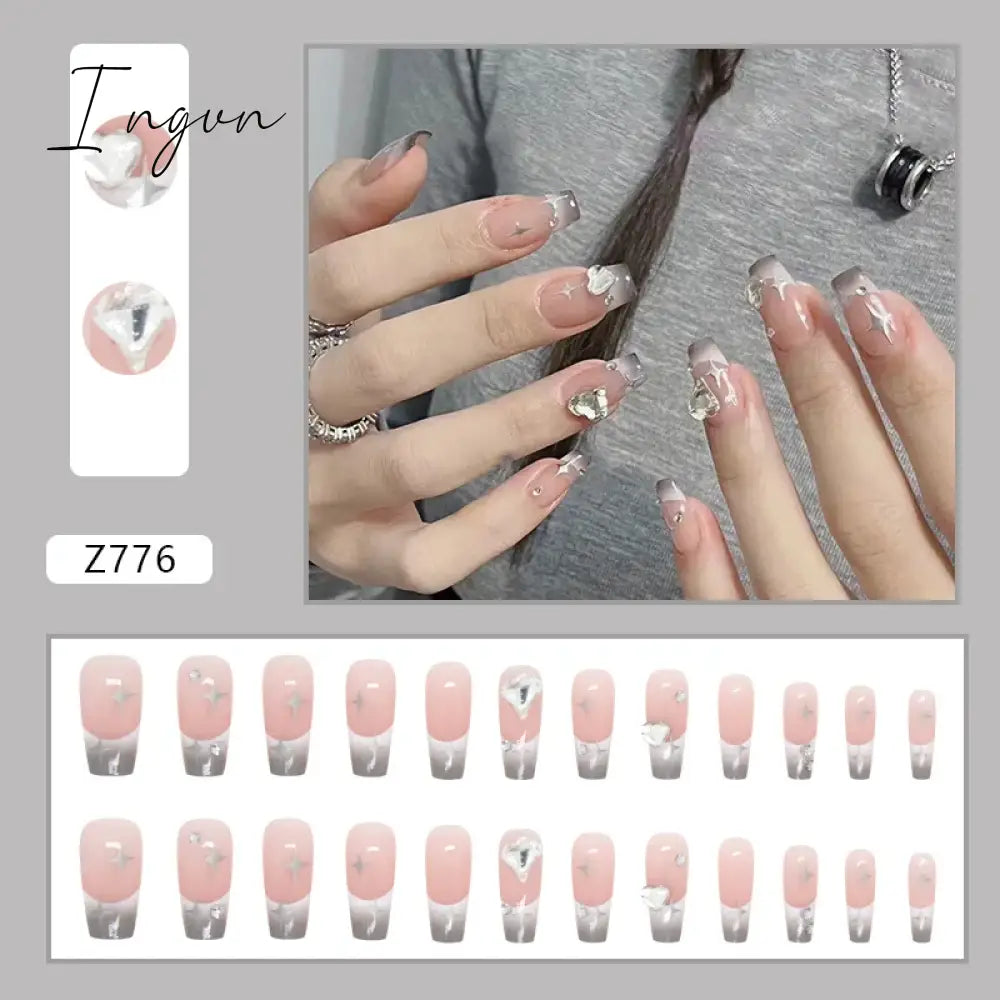 24pcs/Box Gradient Nail Art Patches False Nails Short Square Nail Blue Starry Glitter Teardrop Diamond Fake Nail Tips