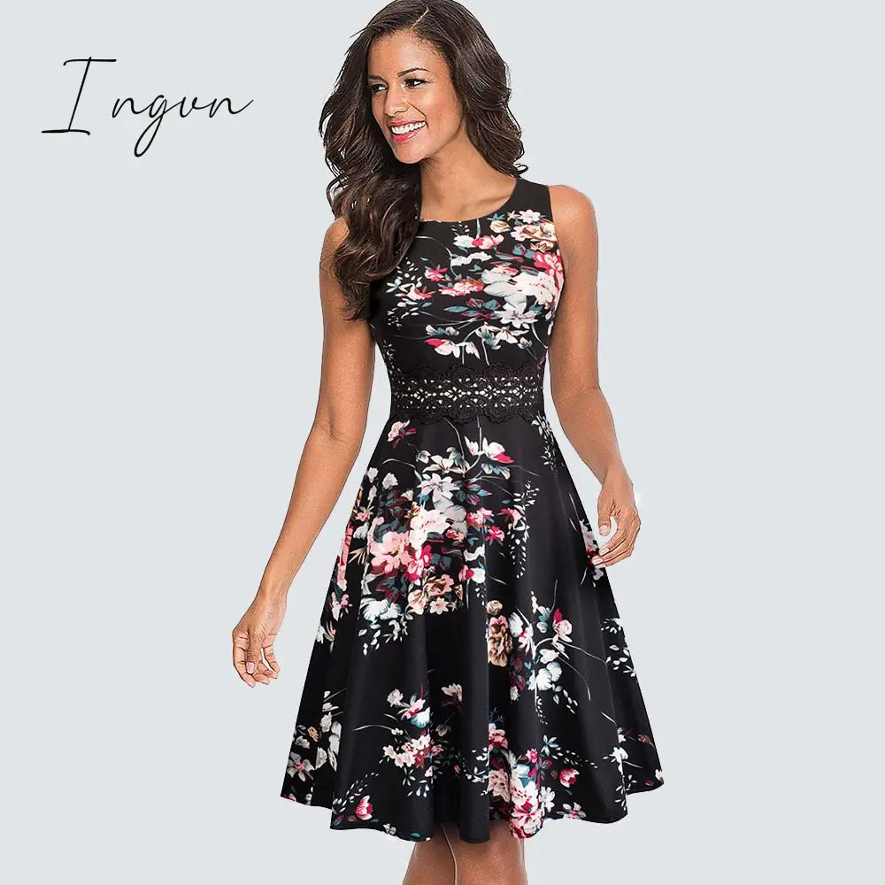 Ingvn - Women Vintage Casual Round Neck A line Summer Elegant Floral Lace Patchwork Sleeveless Tunic Party Swing Dress HA079