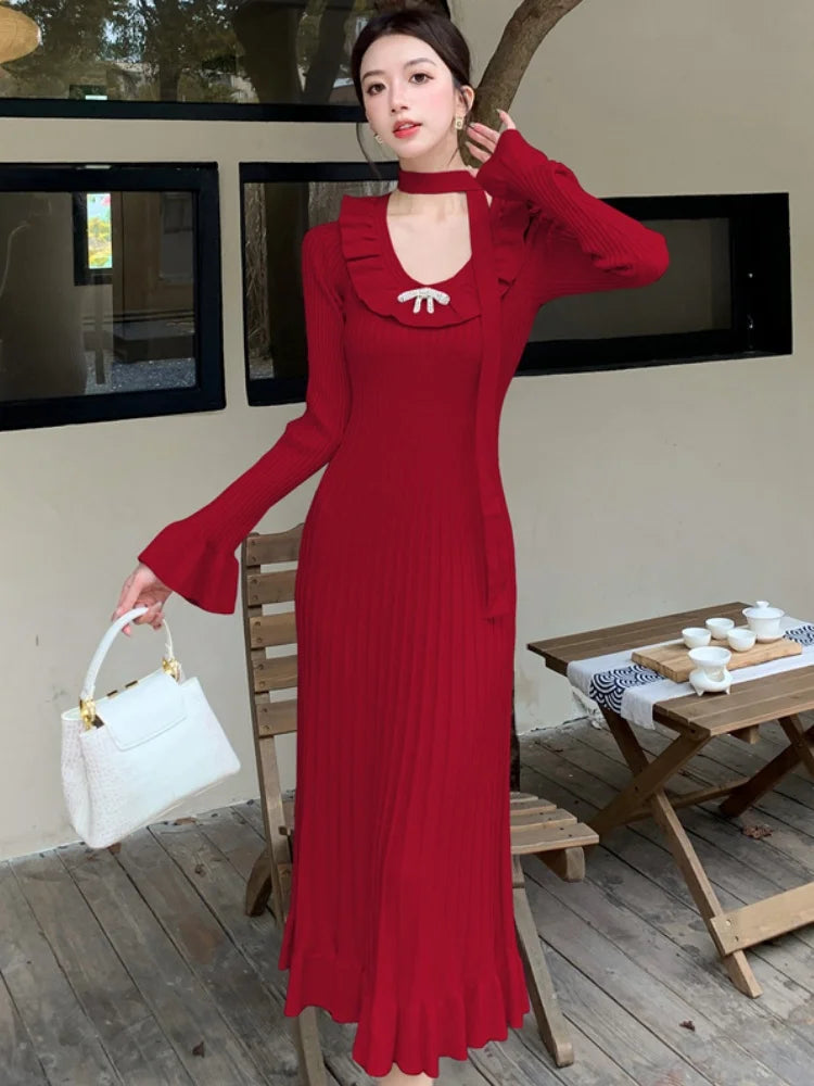 Vintage Solid Knitted Dresses for Women Elegant Bodycon Chic Flare Sleeves Ruffles Casual  Female One Piece Office Vestidos Robe