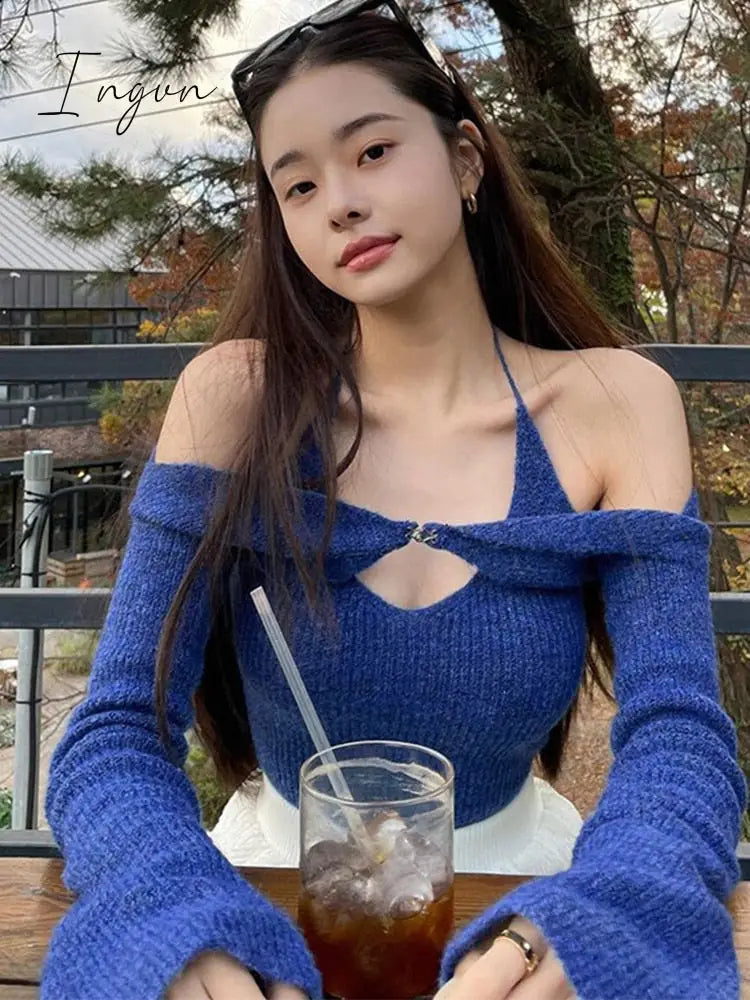 Ingvn - Y2K Top Women Long Sleeve T-Shirts 2 Piece Tops Halter Tanks Backless Crop Top Off Shoulder Tees Sexy Christmas Clothes