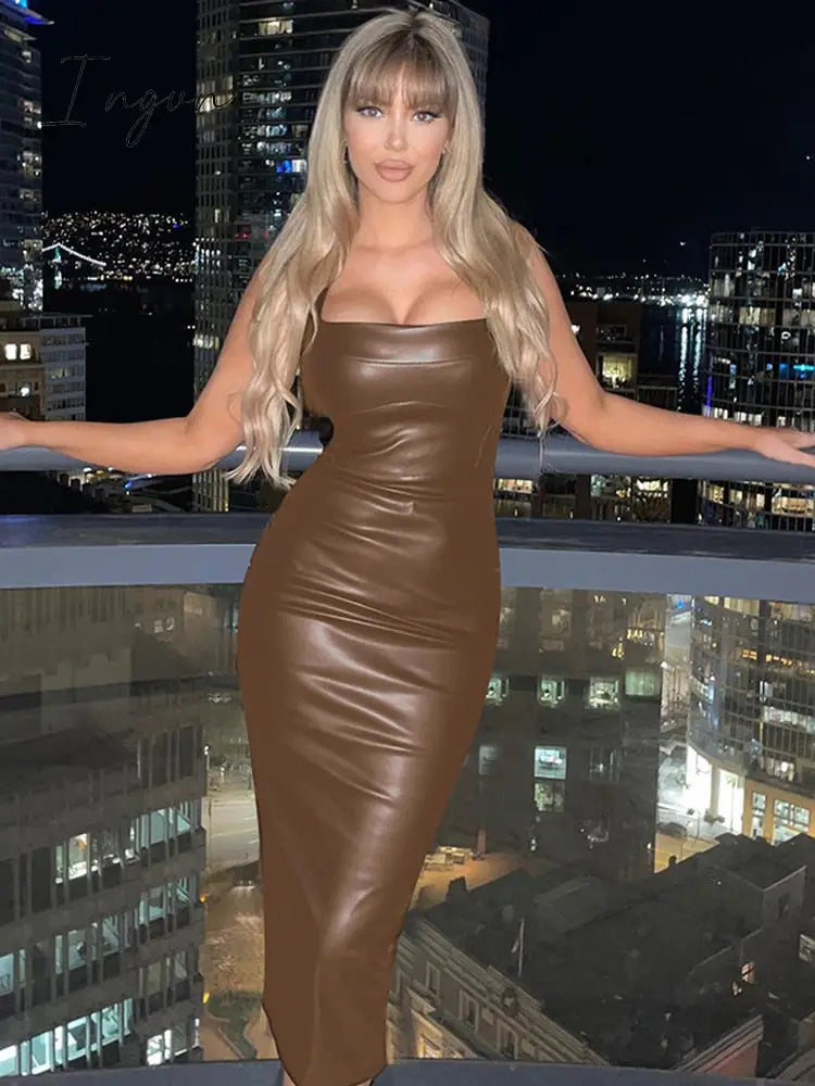 Ingvn - Sleeveless Leather Bodycon Midi Dress Women Summer Sexy Fashion Clothes Elegant Party Evening Nightclub Slim Long Dresses
