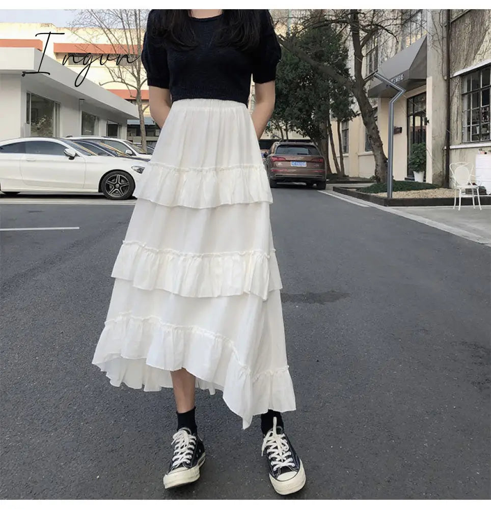Ingvn - Midi Long Skirts Womens Maxi Skirt Goth Lolita Summer High Waisted Asymmetrical High Low Ruched Ruffle Skirts rok