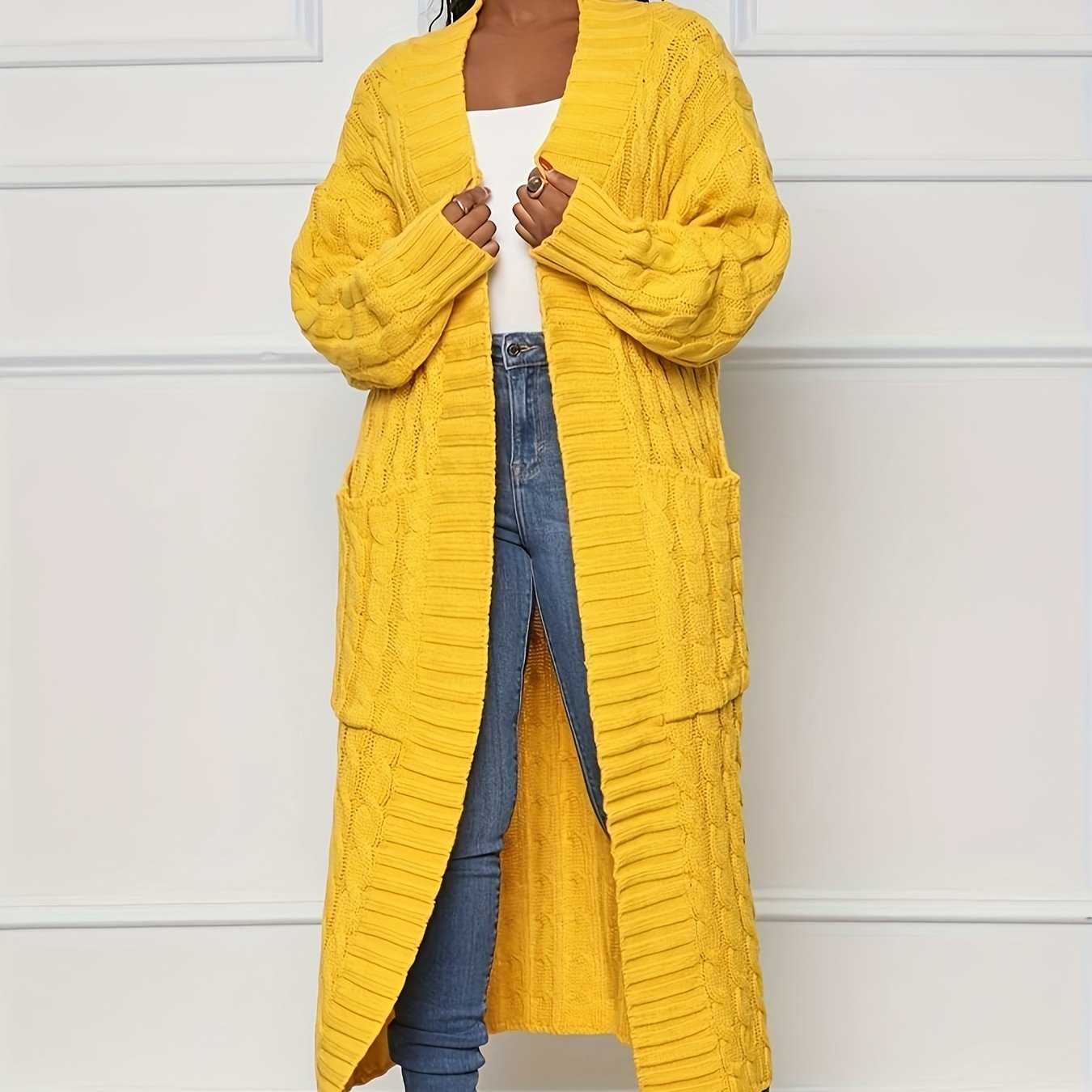 Elegant Long Sleeve Halter Neck Cardigan – Winter-Warm Knit Sweater with Pockets for Women, Durable & Easy Care