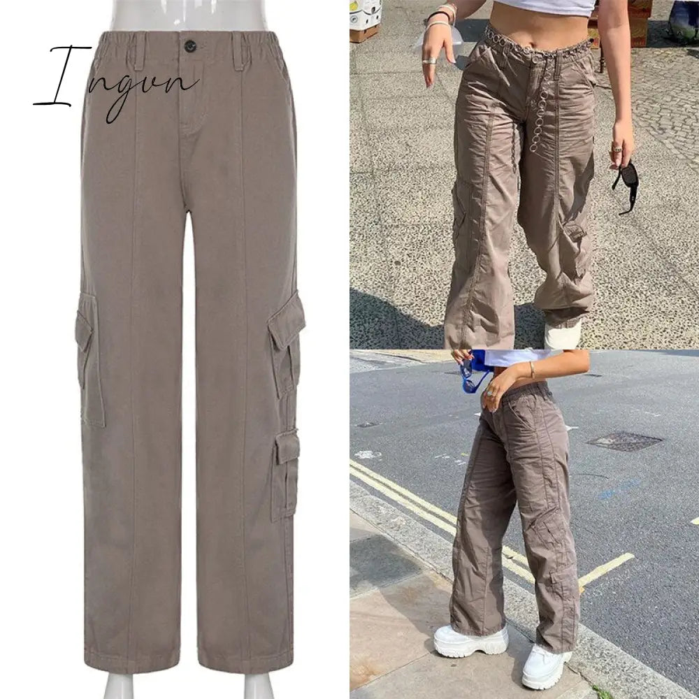 Ingvn - Women Spring Fashion Multi Pockets White Cargo Pants Women Adjustable Low Waist Baggy Wide Leg Jeans Oversized Casual Trousers Retro Bottoms Iamhotty
