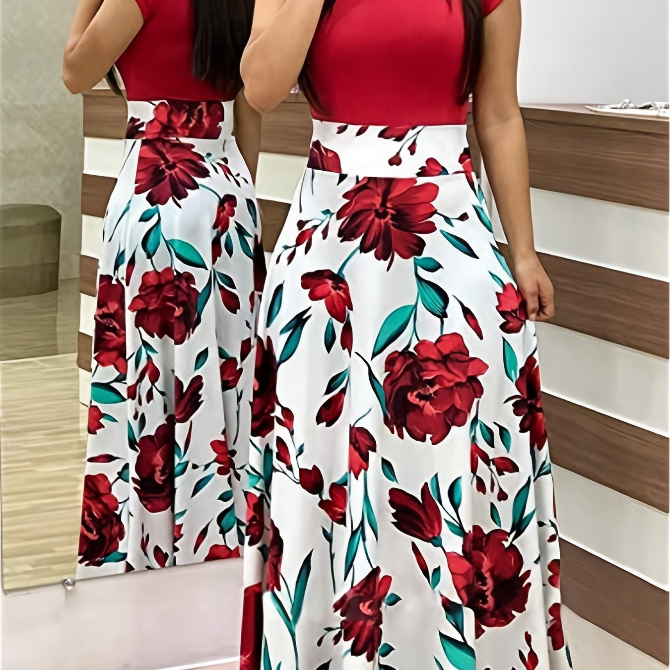Floral Printed Crew Neck Pendulum Maxi Dress - Elegant Short Sleeve Slim Waist Pleated Design, Micro Elastic Polyester Knit Fabric, Random Printing for Womens All-Season Elegant Dressing