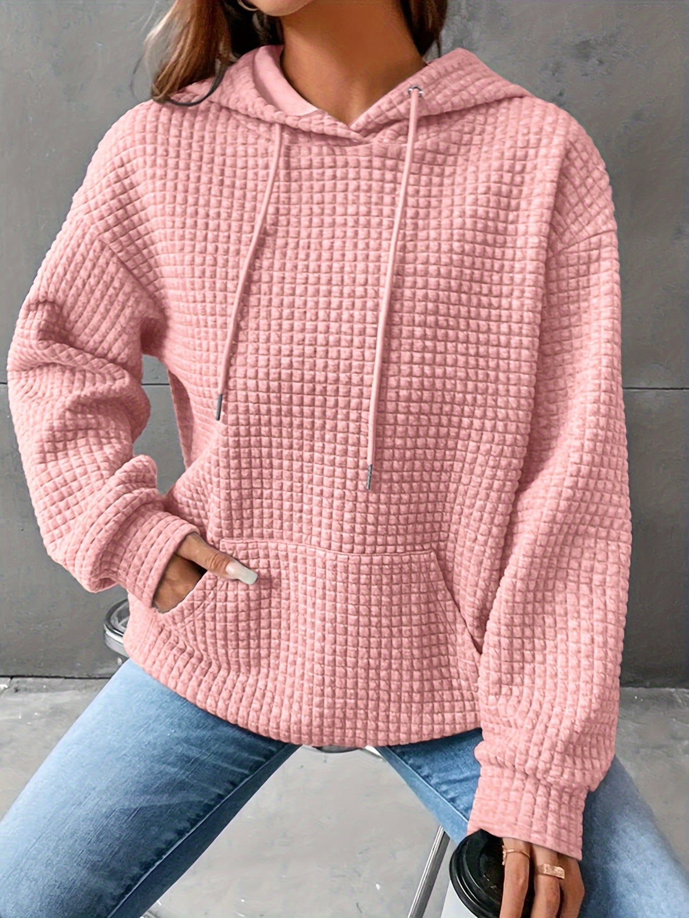 Waffle Grid Kangaroo Pocket Hoodie, Casual Long Sleeve Drawstring Hoodies Sweatshirt, Women's Clothing