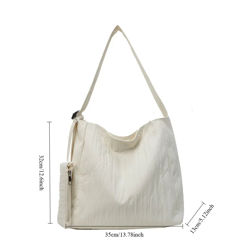 Ingvn  Low-Key Pure White Women Ruched Shoulder Bag Exquisited Nylon Pretty Versatile Crossbody Leisure Commuter Composite Bag