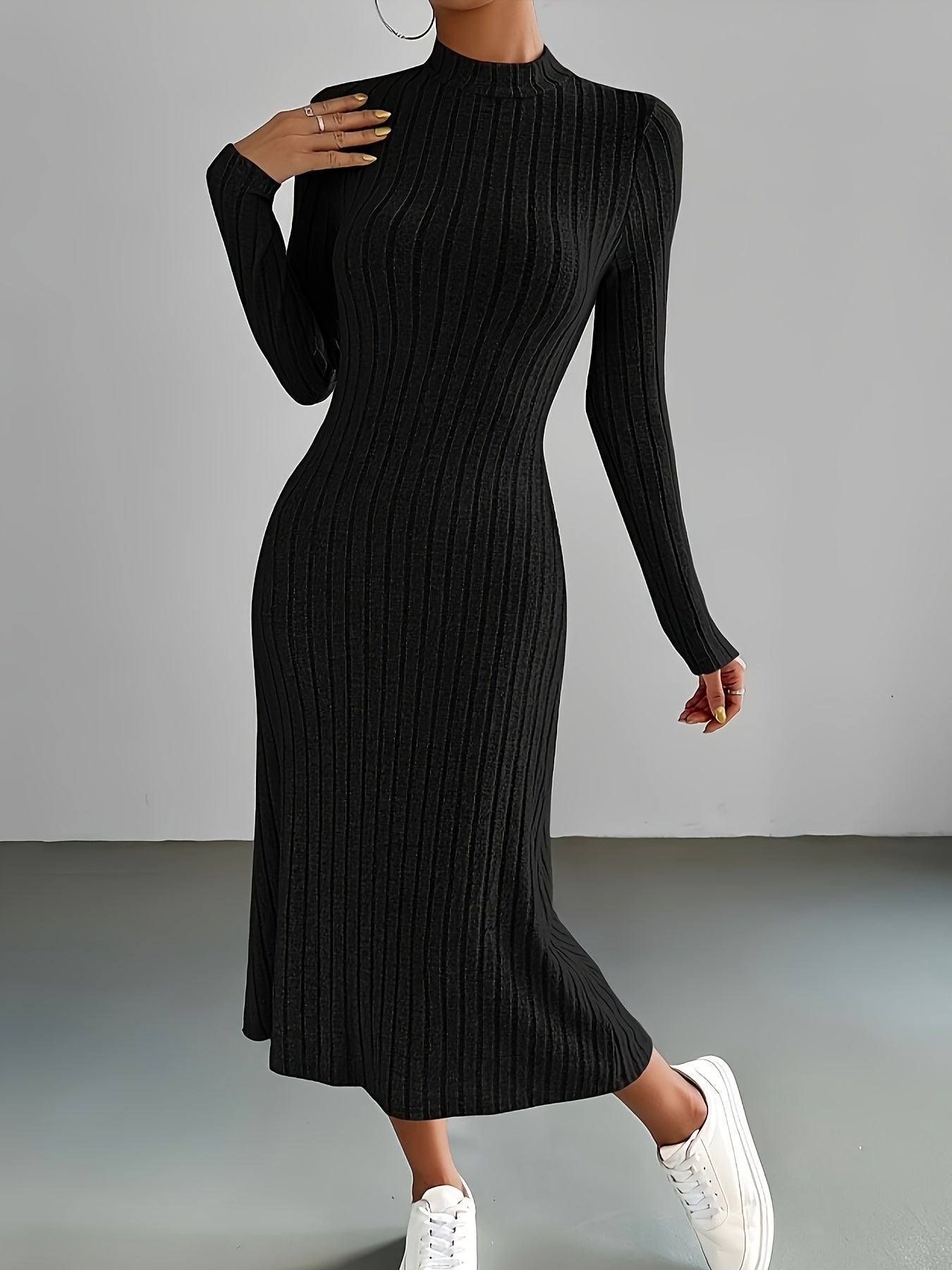 Chic Ribbed Black Midi Dress - Comfortable Mock Neck & Long Sleeves - Perfect for Any Occasion