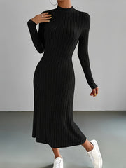 Chic Ribbed Black Midi Dress - Comfortable Mock Neck & Long Sleeves - Perfect for Any Occasion