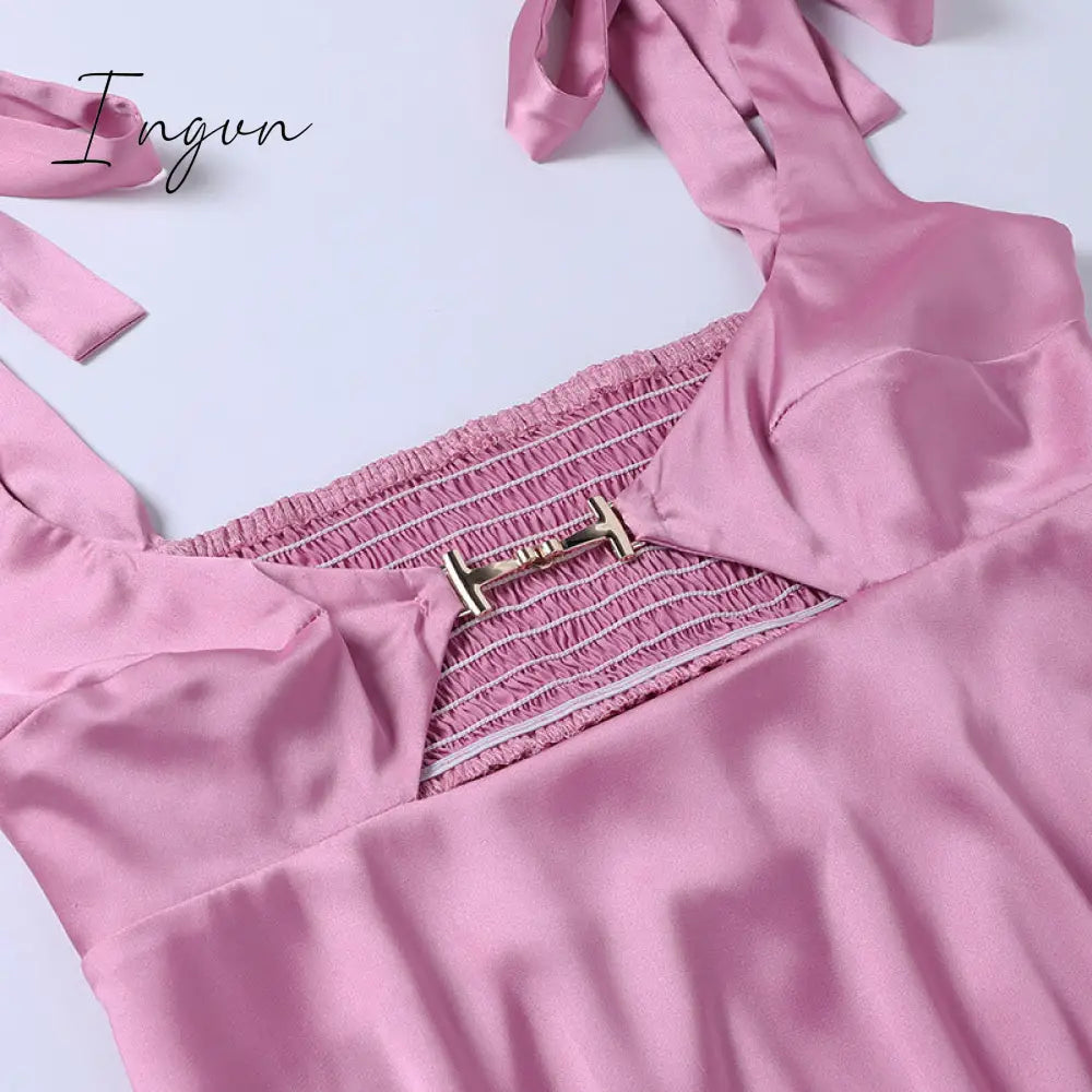 Ingvn - Women Clothing Sexy Temperament Commuter Solid Color Bandage One-neck Dress Spring and Summer New French Satin Mini Skirt