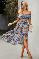 Ingvn - Bohemian Off-Shoulder Frill Trim Split Dress