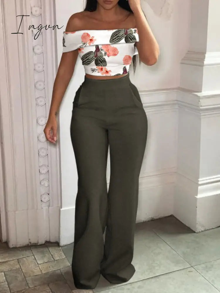 Ingvn - Matching Set Women Slash Neck Pullover Top High Elastic Waist Wide Leg Pants Ladies Outfit Summer Printing Slim Streetwear Suit
