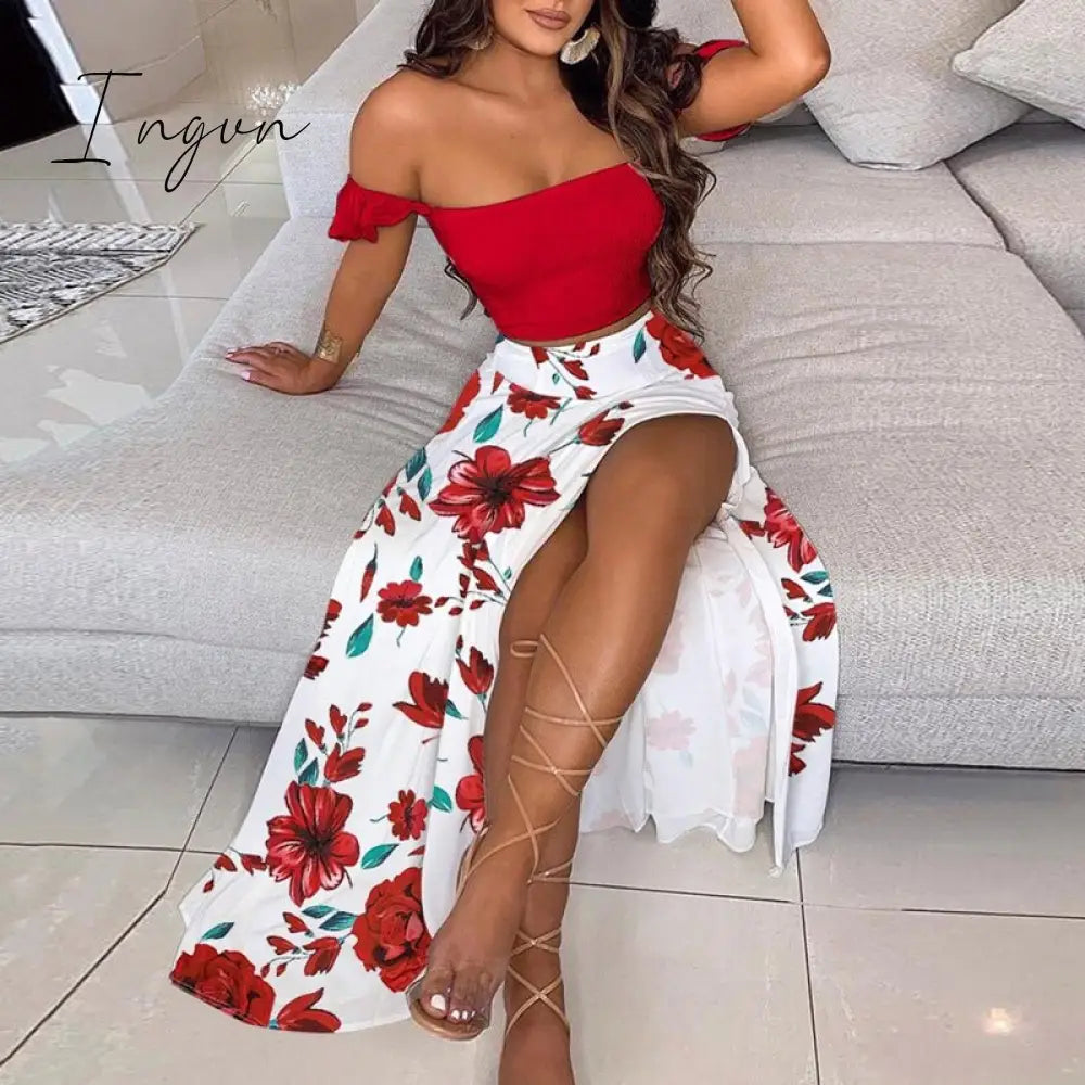 Ingvn - Off Shoulder Women Two Piece Set Sexy Slash Neck Top and Slit Summer Long Party Dress Suits Spring Floral Print Skirts Sets