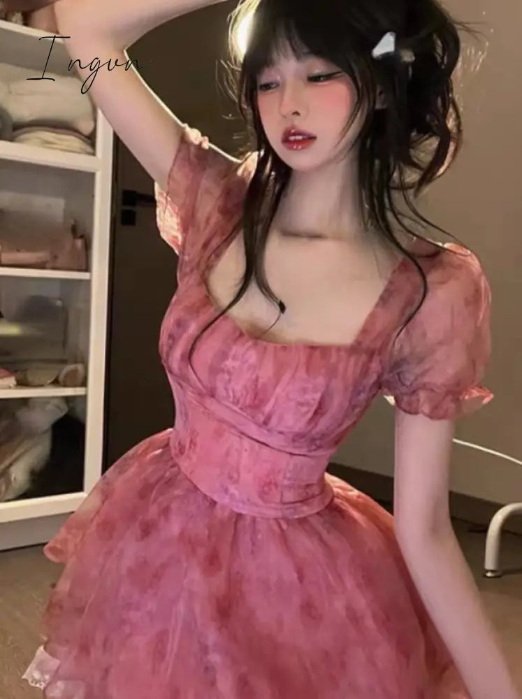 Ingvn - Pink Floral Short Party Dress Sexy Lace Puff Fairy Kawaii Clothing Mini Dress Fashion Birthday Lolita Dress Women Summer 2023