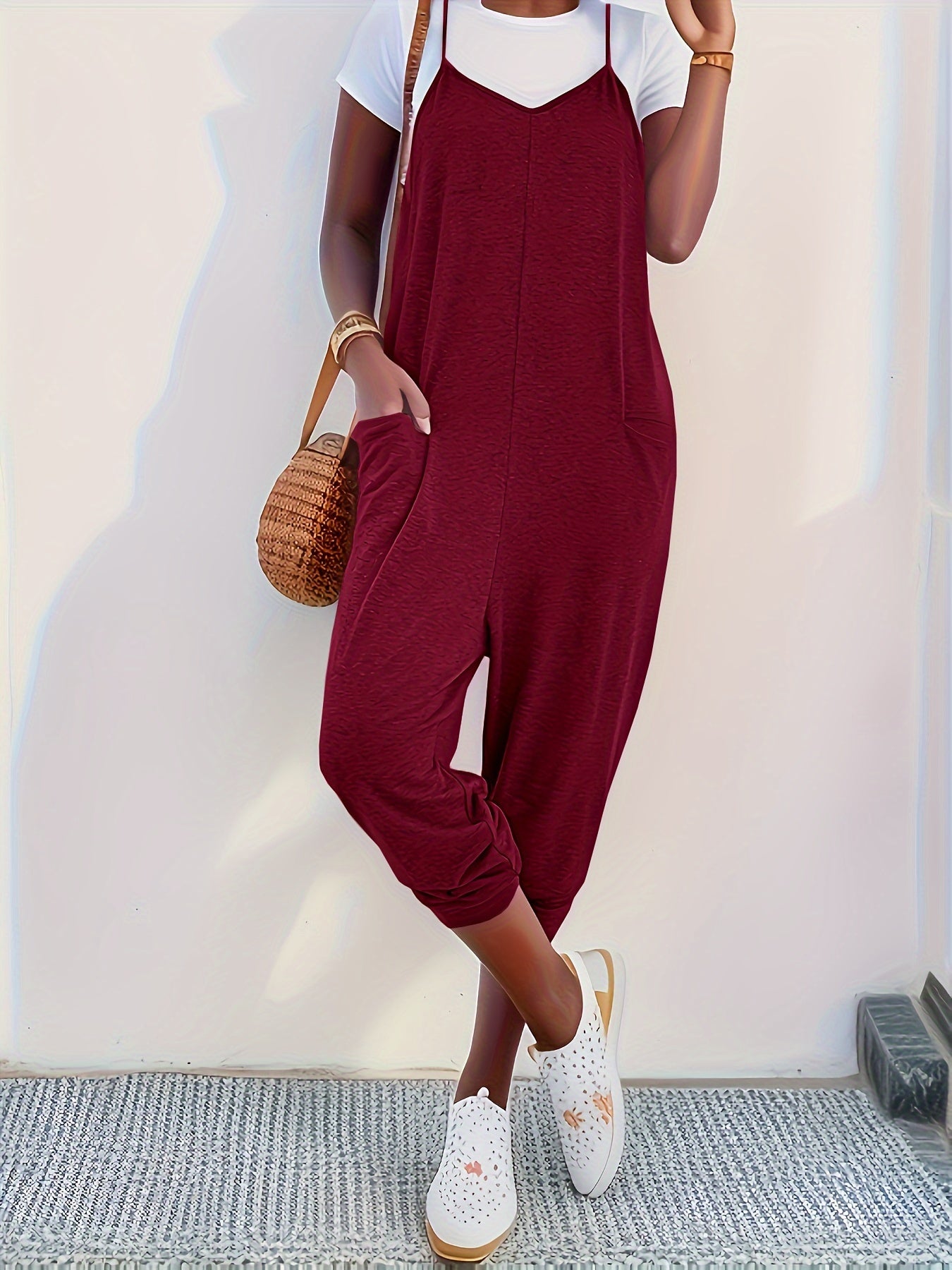 Solid Patched Pockets Overall Jumpsuit, Versatile V-neck Overall Jumpsuit For Spring & Summer, Women's Clothing