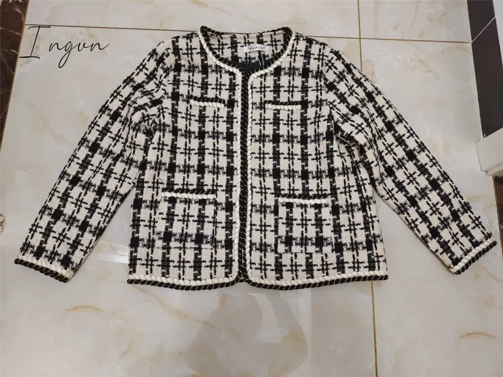 Ingvn - Spring Korean small fragrance jacket women's short winter and autumn French ladies all-match houndstooth woven tweed coat jackets
