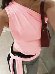 Sexy Hot Girl Lace-up Slim Sleeveless Diagonal Collar Crop Tops For Women Solid Fashion Tops Streetwear Ladies Outfits