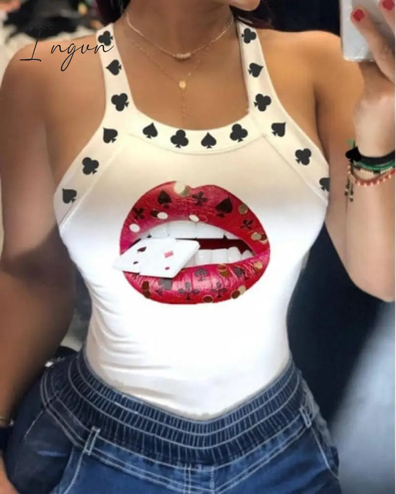 Ingvn - Tank Tops Women U Neck Letter Print Lips Vest Summer Ladies Harajuku Shirts Slim Fit Polyester Sleeveless Top Tshirts