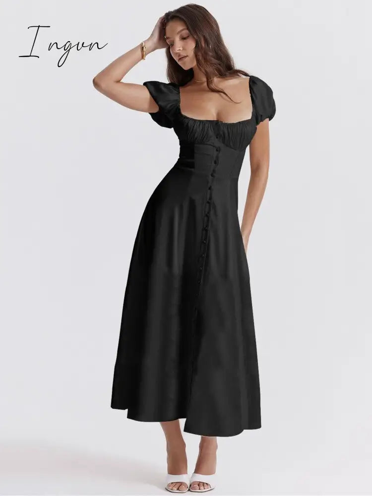 Ingvn - Elegant Puff Sleeve Midi Dress Women Square Collar Backless A-line Loose Dresses Female French Retro Fashion Long Dress
