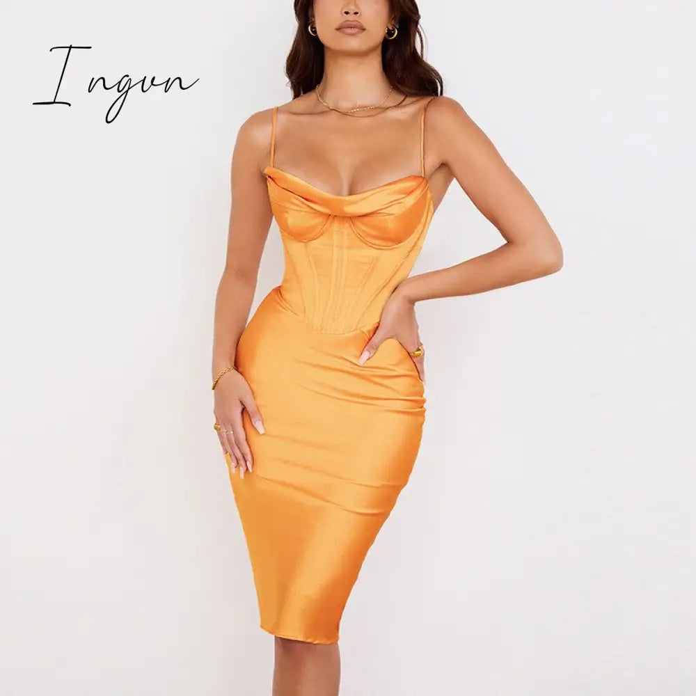 Ingvn - trends high quality Giyu Night Clubwear Party Satin White Dresses Women Summer Sexy Bodycon Midi Vestidos Spaghetti Strap Backless Corset Dress