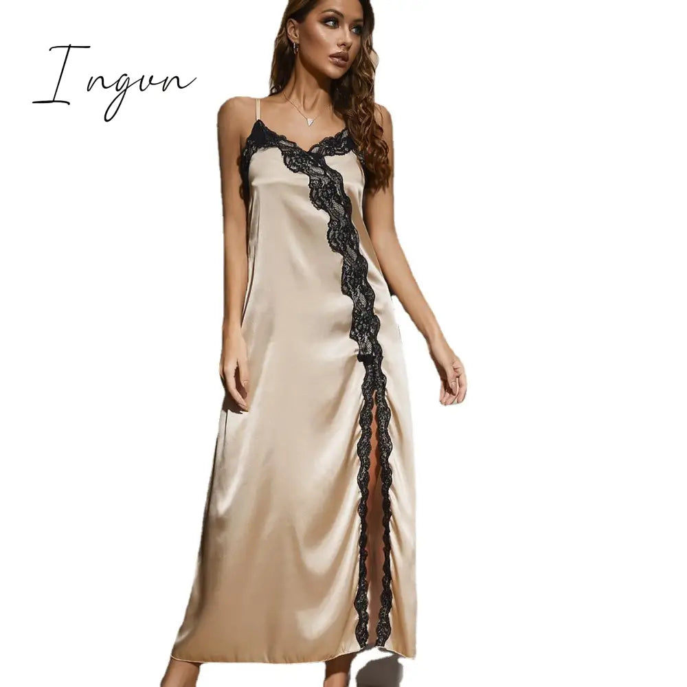 Ingvn - Nightdress Women's Summer Split Lace Suspenders Imitation Silk Pajamas Home Clothes