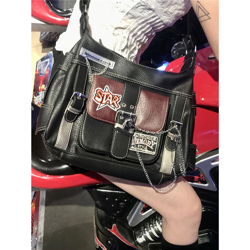 Ingvn  Women Y2k Shoulder Bag Fashion Chains Designer Grunge Bags Pu Leather Aesthetic Crossbody Handbags Hiphop Street Style Cool Girl