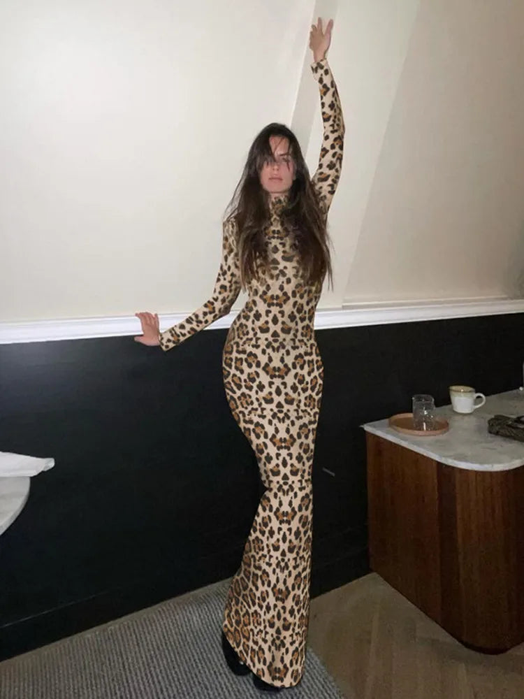 Leopard Print Turtleneck Long Sleeved High Waist Slim Fit Sexy Maxi Dress For Woemn Bodycon Elegant Club Party Dress