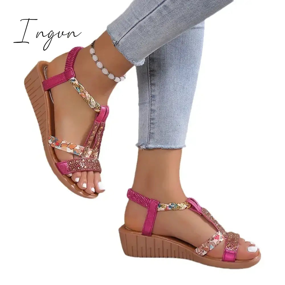 Women Wedge Sandals Summer Bohemia Rhinestones Casual Platform Sandals Female Peep Toe Outdoor Beach Shoes