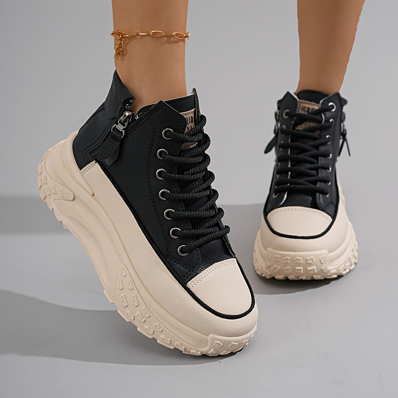 Plus Size Women's Comfortable High-Top Sneakers, Casual Lace Up Outdoor Shoes with Side Zipper