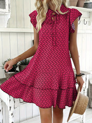 Elegant Ruffled Tie Neck Dress - Women's Spring & Summer Layered Dresses with Allover Print - Perfect for Elegant Dressing Occasions