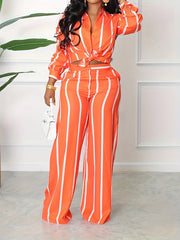 Striped Print Two-piece Set, Button Front Collar Long Sleeve Shirt & High Waist Wide Leg Loose Pants Set, Women's Clothing