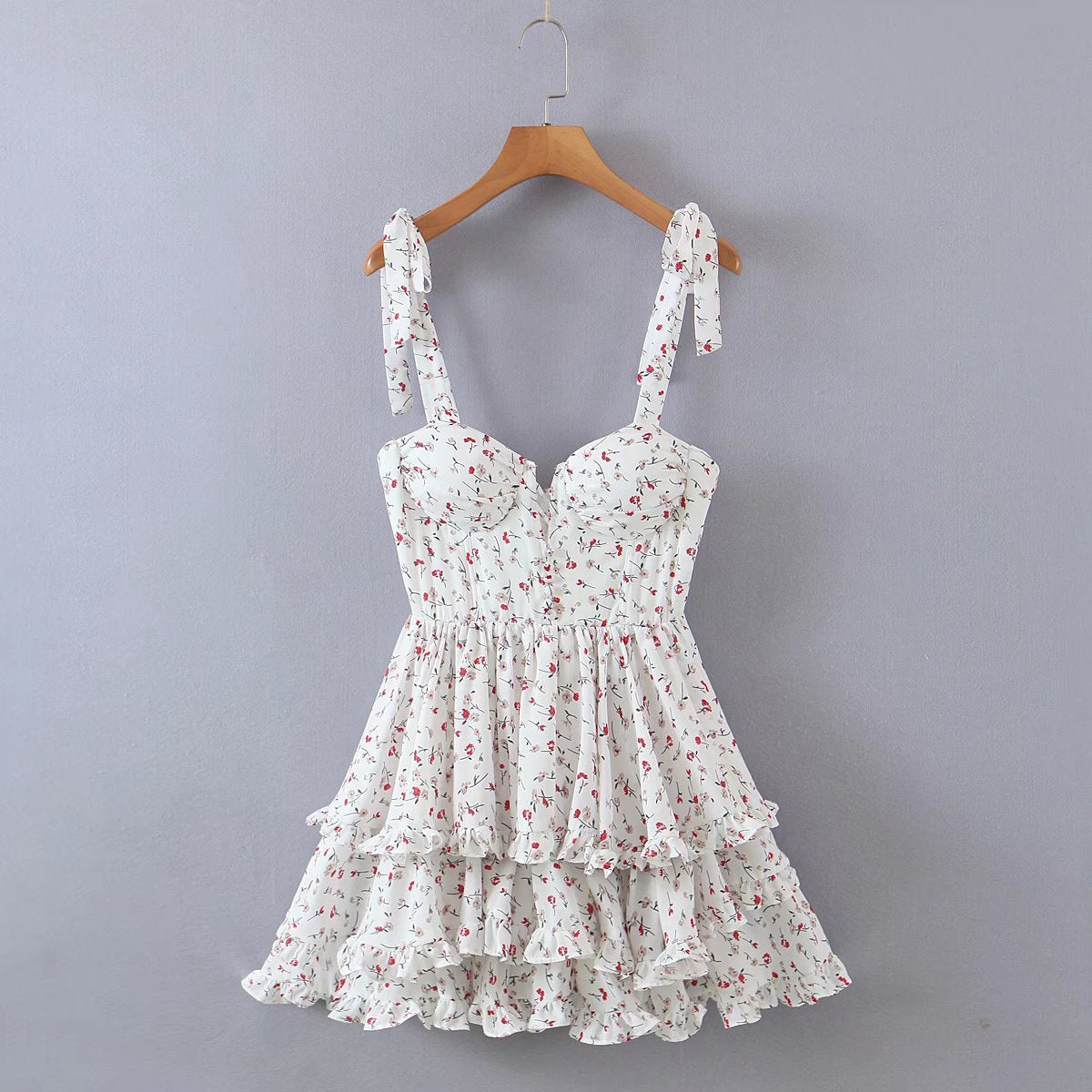 Voguable  Summer Sexy Sling Dress Women Floral Print Layer Ruffle Cake Mini Dress Sweet Ladies Holiday Party Short Robe Chic Vestido