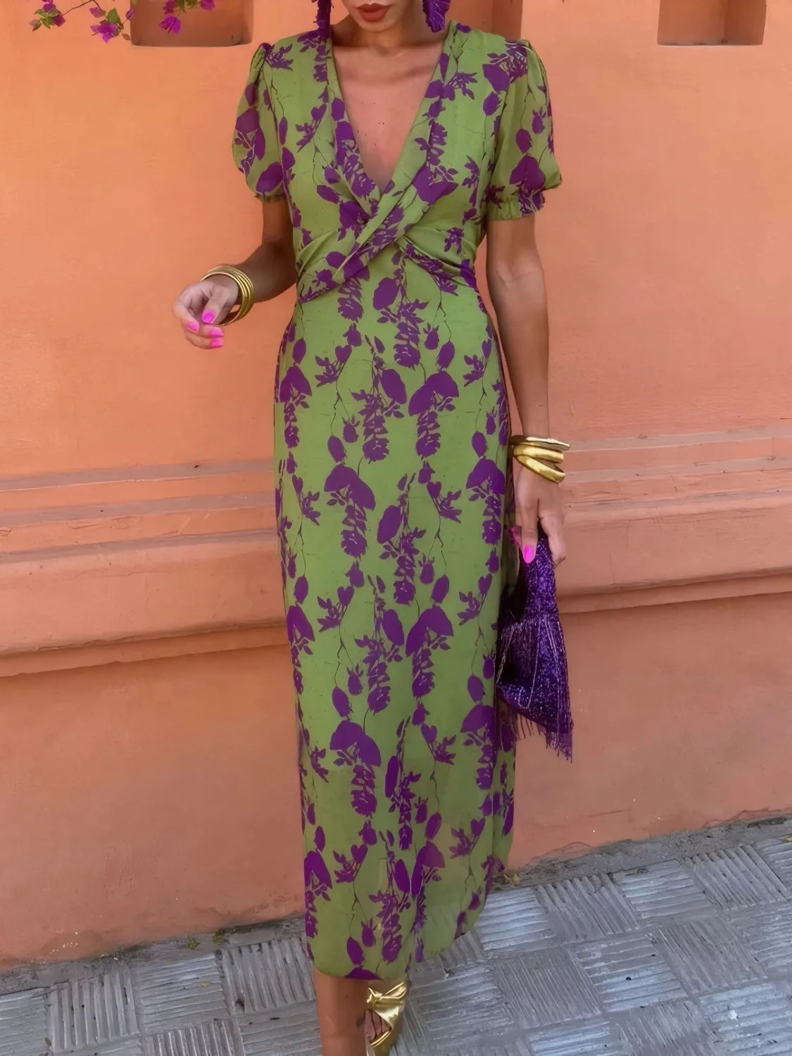 Printed Plunge Short Sleeve Midi Dress