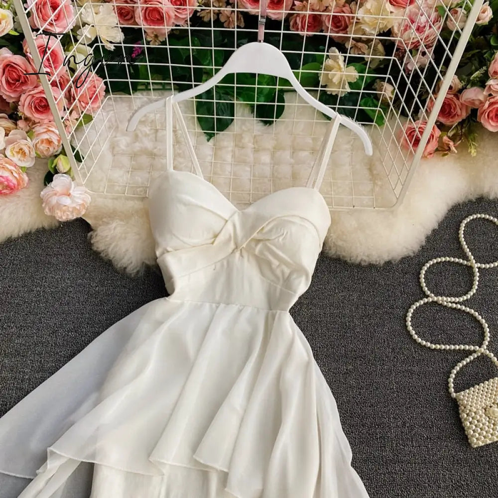Ingvn - Women Dress Spring Summer French Elegant Sexy Gentle Temperament Female Irregular Tube Top Sling Big Swing Vestido