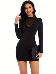 All-Season Chic Midi Bodycon Dress: High Elasticity, Durable Contrast Mesh, Perfect for Parties & More