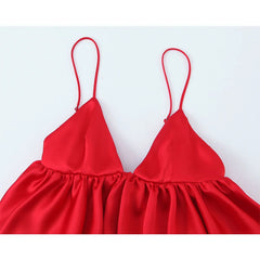 Women Puffy Hem Red Satin Camis Sexy Spaghetti Straps  V Neck Summer Tops Chic Party Streetwear Crop Top