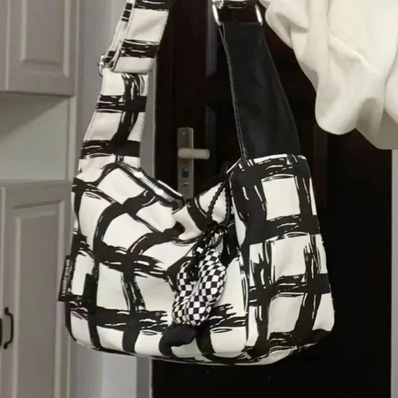 Ingvn  Canvas Fashion Womens Shoulder Bag Plaid Graffiti Large Capacity Casual Crossbody Bag College Style Fashion Female Handbag