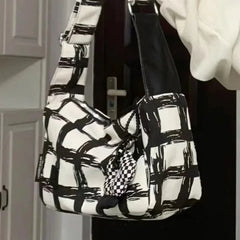 Ingvn  Canvas Fashion Womens Shoulder Bag Plaid Graffiti Large Capacity Casual Crossbody Bag College Style Fashion Female Handbag
